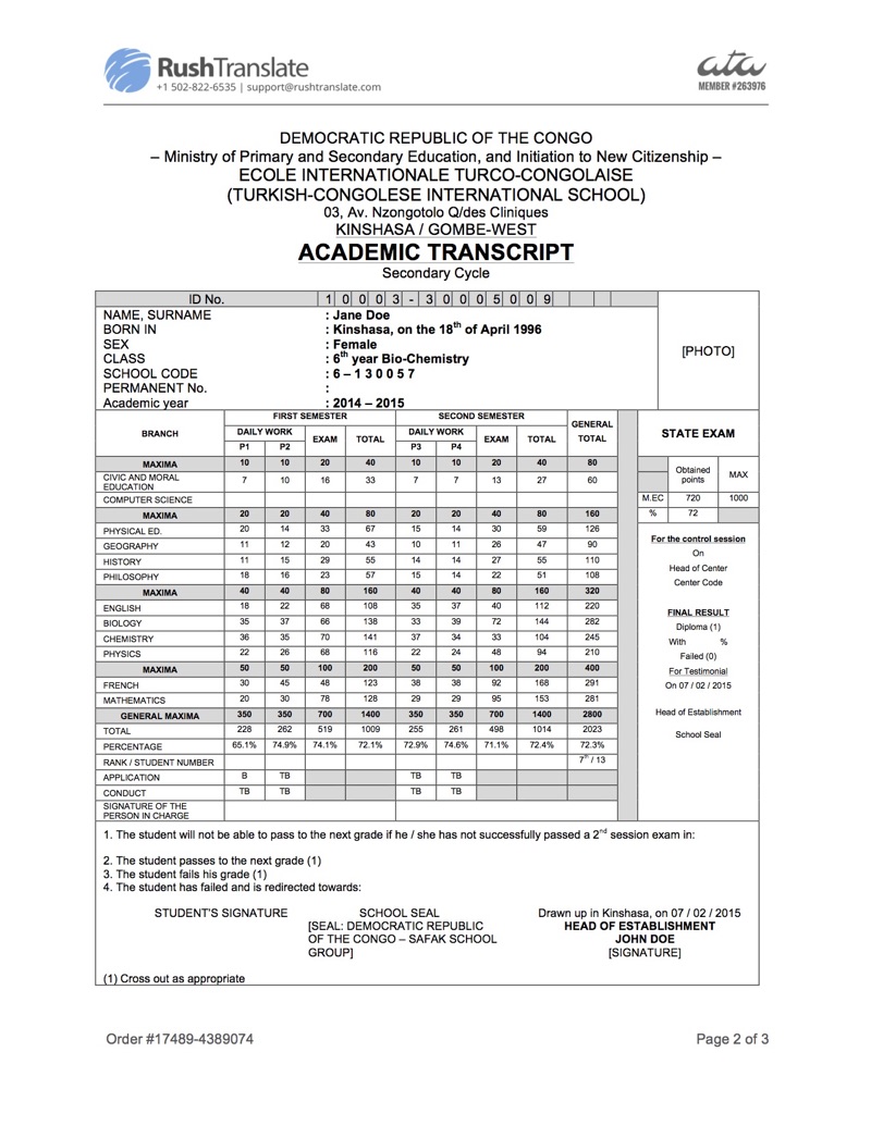 Sample Academic Transcript Translation